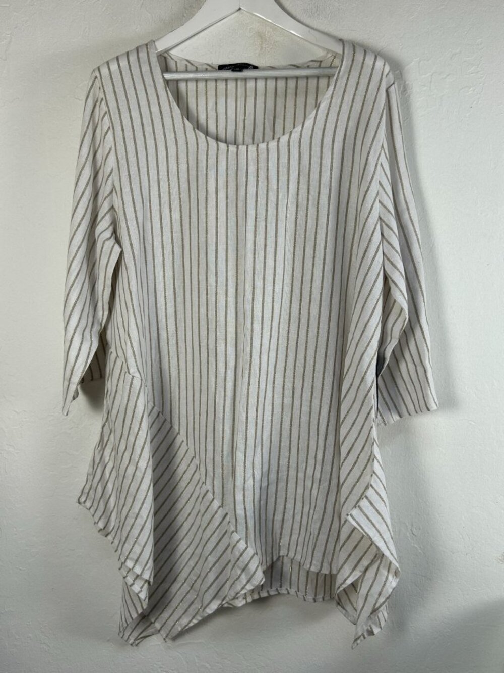 Jones New York Women Striped Handkerchief Hem Tunic Top 1X Linen Blend White New